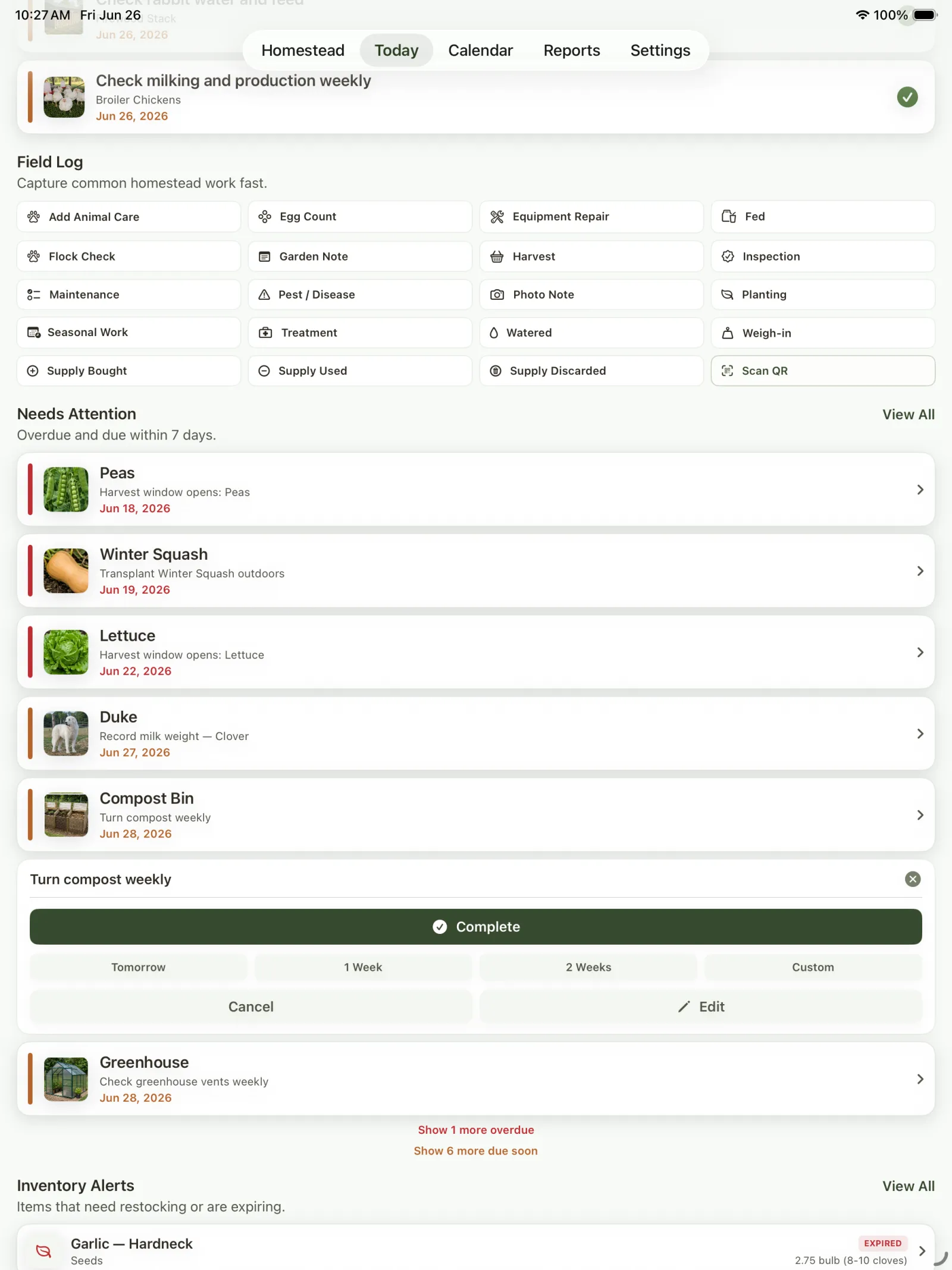 Task completion panel on the Today screen with completion notes and update controls.